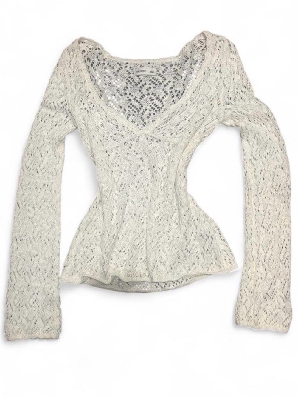hollister cream crochet long sleeved babydoll top
